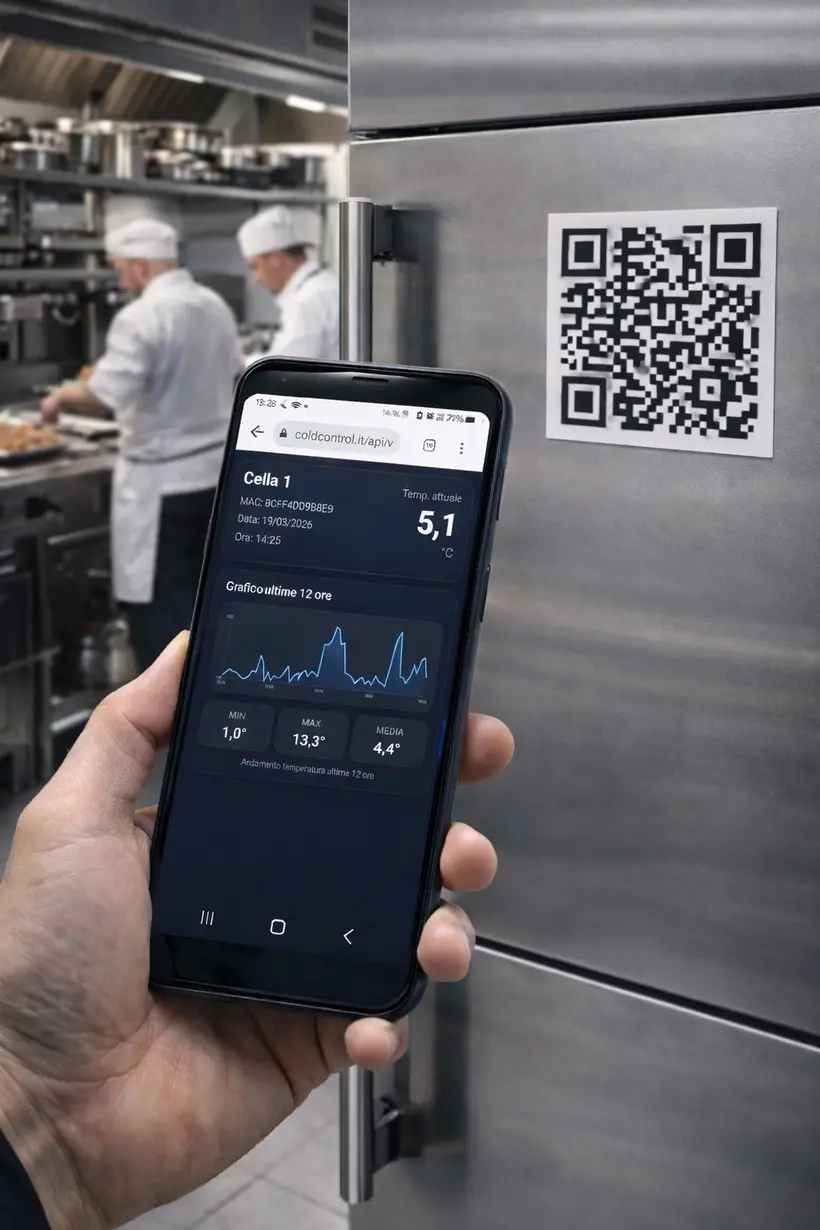 Consultazione della temperatura ColdControl su smartphone accanto a una cella frigorifera