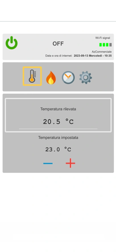 Schermata dell'app WiNet+ per il controllo della stufa da smartphone